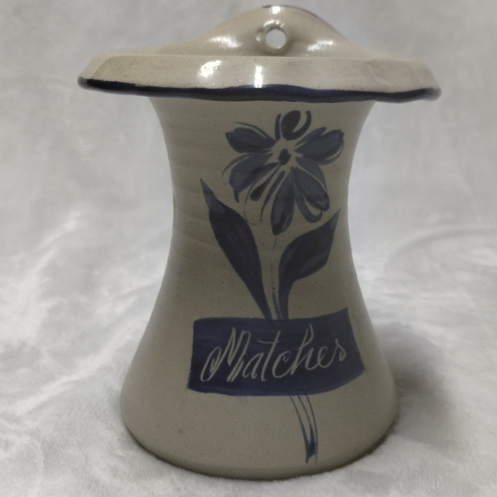 Williamsburg Pottery Stoneware Match Holder Blue Floral Salt Glaze 1999 USA